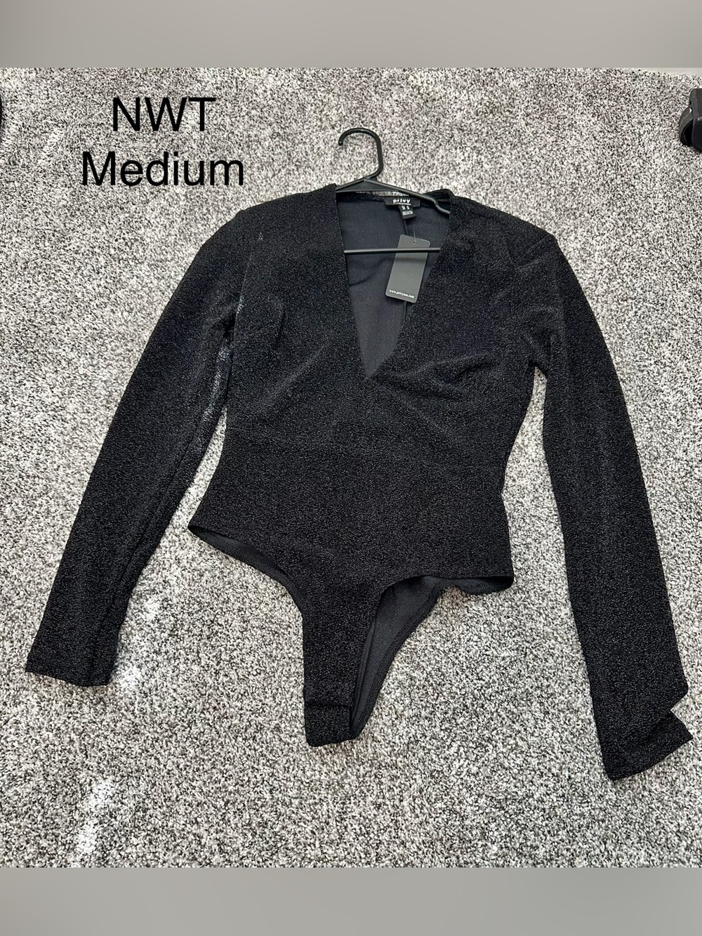 Black Sparkle Plunge Long-Sleeve Bodysuit